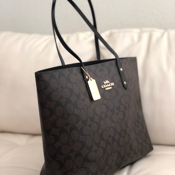 Coach Town Tote In Signature Canvas Black/Brown - Picture 5 of 8